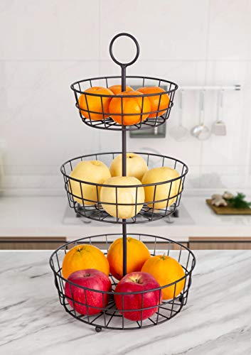 HANZE 3-Tier Wire Fruit Basket Bowl, Detachable Vegetable Bread Basket Display Storage Stand, Design for Kitchen, Bathroom Organization, Brown - color: 3-Tier(Brown)