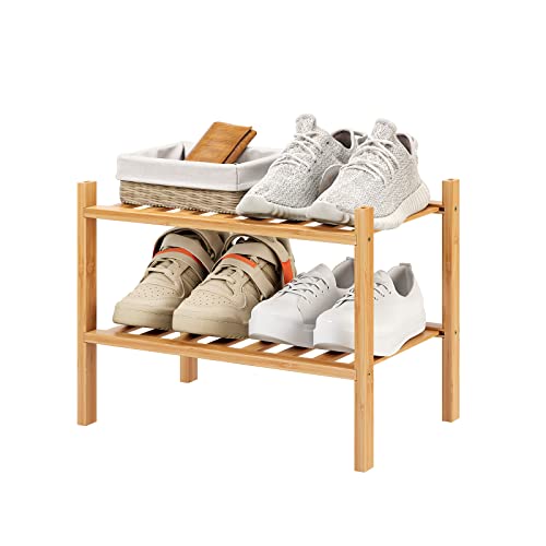 Small Shoe Rack, 2-Tier Bamboo Stackable Shoe Shelf Storage Organizer, Shoe Stand for Closet, Entryway and Hallway - color: Natural, size: 2-Tier-Short