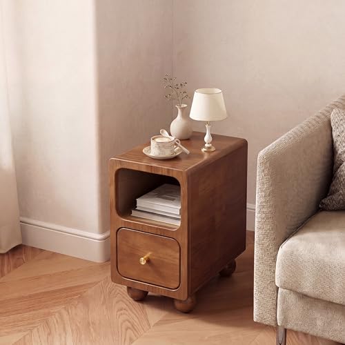 Small Narrow Nightstand with Drawers, Solid Wood Nightstand, Walnut Night Stand, Mid Century Side Table, Modern Bedside Tables for Bedroom (10 inch) - style: Narrow Nightstand