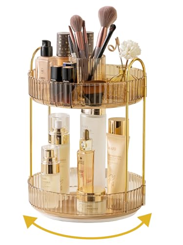 Asayuee 360 Rotating Makeup Organizer,2 Tier Large Capacity Make Up Organizers and Storage,Skincare Perfume Vanity Organizers,Bathroom Cosmetics Storage Organizer Countertop(Gold) - color: Gold, size: New-2 Tier