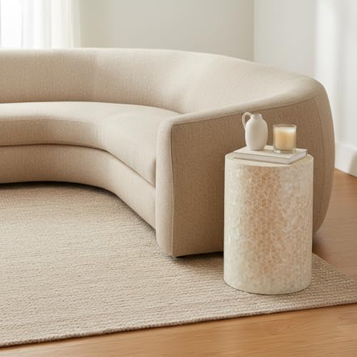 PEMAR Capiz Shell Cylinder Drum End Table Nacre Side Table Stool Round Drum Accent Coffee Bedside Nightstand and Vanity Stool, 13" Diameter x 19.3" High, White Cream - color: White Cream