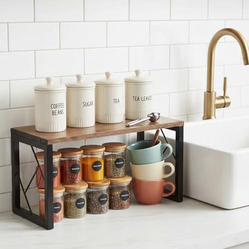 TOPZEA Desktop Shelf, Rustic Wood Small Freestanding Bookshelf Organizer Vintage Desk Shelving Stand, 2 Tier Stackable Office Storage Open Rack Hutch Kitchen Counter Display Shelves, Upgrade