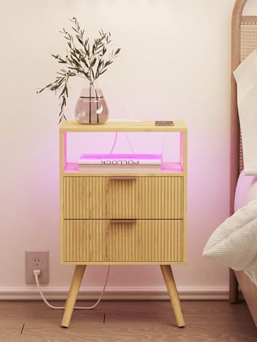 Leomonio Nightstand, Modern Bedside Table with 2 Storage Drawer and Open Wood Shelf for Bedroom and Small Spaces, Night Stand with Solid Wood Legs (Yellow Oak-Outlet) - color: Yellow Oak-outlet