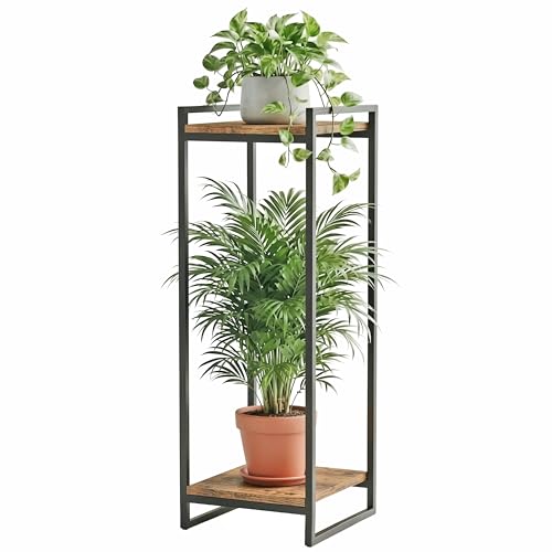 34" Tall Indoor Plant Stand, 2-Tier Flower Pot Rack, Rustic Brown | Modern Minimalist Look, Wood Finish, for Living Room, Bedroom, Balcony, Space-Saving, Sturdy Metal Frame
