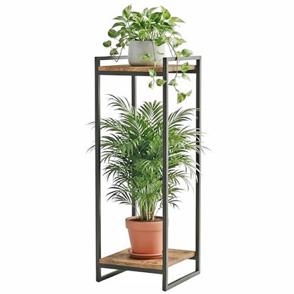 34" Tall Indoor Plant Stand, 2-Tier Flower Pot Rack, Rustic Brown | Modern Minimalist Look, Wood Finish, for Living Room, Bedroom, Balcony, Space-Saving, Sturdy Metal Frame