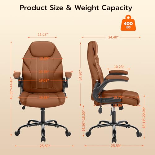 Ylzyxal Office Desk Chair, Ergonomic Computer Chair with Padded Flip-Up Arms and Adjustable Lumbar Support, PU Leather Executive Chair with Tilt Lock and 360° Swivel Rolling Wheels for Work, Study - color: Brown