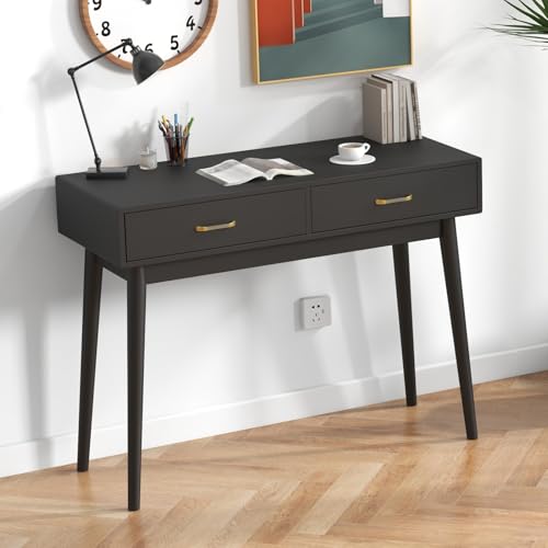 FUNKOCO Small Black Desk with Drawers - 40 Inch Home Office Study Writing Desk for Bedroom, Vanity Desk with 4 Solid Legs, Modern Computer Desk for Small Spaces (Balck) - color: Black