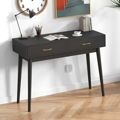 FUNKOCO Small Black Desk with Drawers - 40 Inch Home Office Study Writing Desk for Bedroom, Vanity Desk with 4 Solid Legs, Modern Computer Desk for Small Spaces (Balck) - color: Black