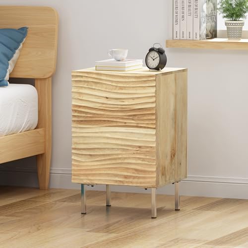 Ripple Textured Wooden Nightstand with Drawer, Modern Solid Wood Side End Table with Metal Legs, Rustic Bedside Storage Cabinet for Bedroom Small Apartment