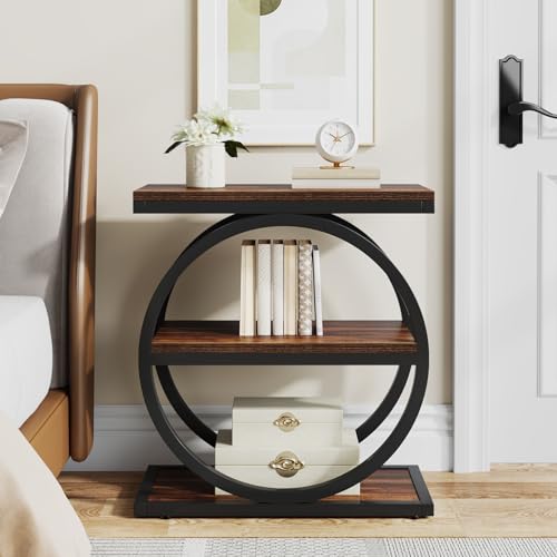 LITTLE TREE 3-Tier End Table Set of 2, Industrial Side Table with Storage Shelves, Small Sofa Side Table for Living Room, Wooden Side End Table with Round Metal Legs, Slim Nightstand and Bedside Table - color: Brown and Black