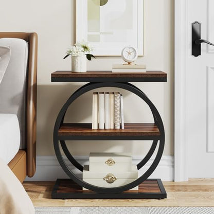 LITTLE TREE 3-Tier End Table Set of 2, Industrial Side Table with Storage Shelves, Small Sofa Side Table for Living Room, Wooden Side End Table with Round Metal Legs, Slim Nightstand and Bedside Table - color: Brown and Black