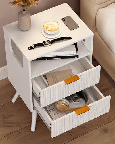 Leomonio White Nightstand, Modern Bedside Table with 2 Storage Drawer and Open Wood Shelf, for Bedroom and Small Spaces, Night Stand with Solid Wood Legs - color: White