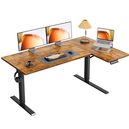 OffiGo Electric L Shaped Standing Desk, 55 Inches Height Adjustable Table, Reversible Corner Stand Up Desk, Lifting Computer Table for Home Office, Computer Workstation, Rustic Brown - color: Rustic Brown, size: 55 Inch