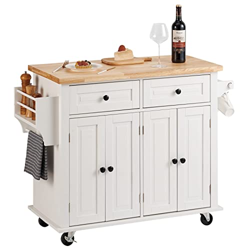 VEVOR Kitchen Island Cart with Solid Wood Top, 35.4" Width Mobile Carts with Storage Cabinet, Rolling Kitchen Table with Spice Rack, Towel Rack, and Drawer, Portable Islands on Wheels, White | Rolling Kitchen Table with Storage Cabinet, Spice Rack, Towel