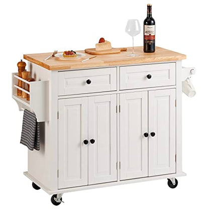 VEVOR Kitchen Island Cart with Solid Wood Top, 35.4" Width Mobile Carts with Storage Cabinet, Rolling Kitchen Table with Spice Rack, Towel Rack, and Drawer, Portable Islands on Wheels, White | Rolling Kitchen Table with Storage Cabinet, Spice Rack, Towel