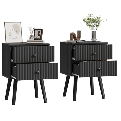 Wooden Nightstand with 2 Drawers, Fluted Night Stand Set of 2, Morden Side Table for Bedroom, Living Room and Small Space, Black