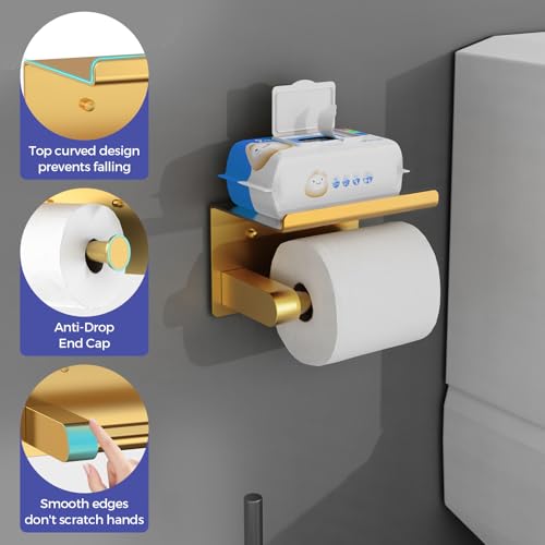Bntuk Toilet Paper Holder with Phone Shelf Stainless Steel Wall Mounted Toilet Paper Roll Holder - Rustproof and Bathroom Washroom Tissue Roll Holder with Shelf - Gold - color: Gold