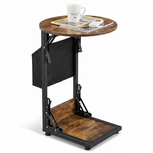 Foldable C Shaped End Table, 15.7" Couch Side Table with Storage Pocket, Slides Under Sofa