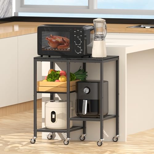 OGEMXU Kitchen Microwave Cart,Microwave Stand with Wheels,Coffee Bar Table Station,4-Tier Rolling Baker's Rack,Small Appliance Storage Shelf,Utility Side Table for Kitchen,Living Room (Black) - color: Black