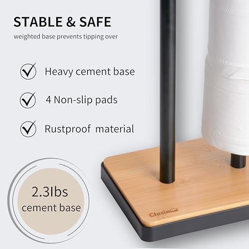 Clasin Home Toilet Paper Holder Stand, Free Standing Toilet Paper Holder with Storage and Top Shelf, Black Toilet Paper Stand Weighted Base with Bamboo Design for Bathroom - color: Black With Bamboo Base