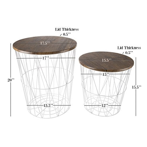 Lavish Home End Tables - Round Nesting Tables Set of 2, Brown/White | 17.5”/15.5” Side Tables with Removable Wood Tops & Metal Basket Bases for Blanket Storage, Living Room, Bedroom & Home Office - color: White Diamond