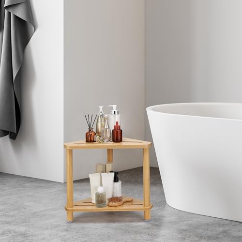 Bamboo Corner Shower Stool for Shaving Legs, Shower Bench for Inside Shower Foot Rest with 2-Tier Waterproof Storage Shelf for Inside Small Shower Spaces Bath Seat
