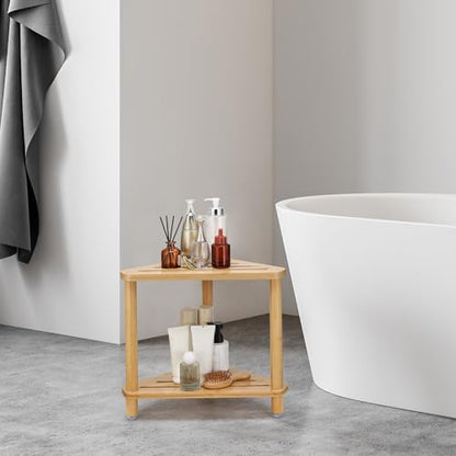 Bamboo Corner Shower Stool for Shaving Legs, Shower Bench for Inside Shower Foot Rest with 2-Tier Waterproof Storage Shelf for Inside Small Shower Spaces Bath Seat