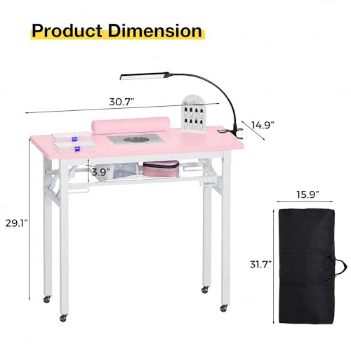 Portable Foldable Manicure Table with Dust Collector, Rolling Nail Tech Desk with LED Lamp, Wrist Rest, Lockable Wheels & Carrying Case for Home Salon, Travel & Mobile Nail Techs (Pink) - color: Pink
