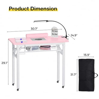 Portable Foldable Manicure Table with Dust Collector, Rolling Nail Tech Desk with LED Lamp, Wrist Rest, Lockable Wheels & Carrying Case for Home Salon, Travel & Mobile Nail Techs (Pink) - color: Pink