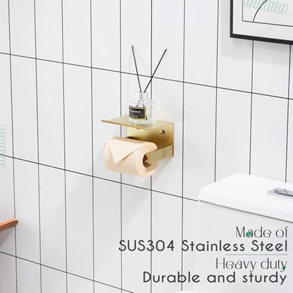KOKOSIRI Roll Paper Holder Spring Loaded Tissue Paper Holder Bathroom Toilet Roll Holder with Shelf Wall Mounted Stainless Steel Brushed Gold B2012BG - color: Brushed Gold, size: With Shelf