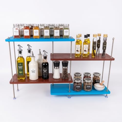 4 Tier Adjustable Countertop Organizer, Dual L-Shaped & Straight Installation, Kitchen Spice Rack for Countertop, Wood Coffee Counter Shelf Organizer for Home, 15.7"x15.7" or 5.7"x25.59" Size