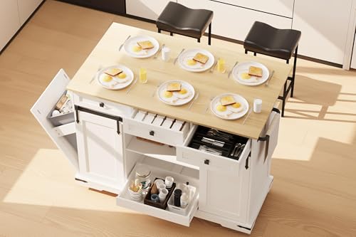 Garvee 54" Kitchen Island with Drop Leaf & Power Outlet | Large Rolling Cart with Trash Cabinet, 2 Sliding Barn Doors, 3 Drawers Mobile Island Table, Spice Rack & Towel Rack, White - color: White & Oak