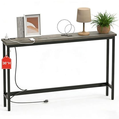 FAMIDGE Charging Console Table with Outlet 36 Inch Tall Narrow Sofa Table One-Piece Top Behind Couch Table 2 USB 2 AC for Entryway Hallway, Living Room, Gray - color: Grey
