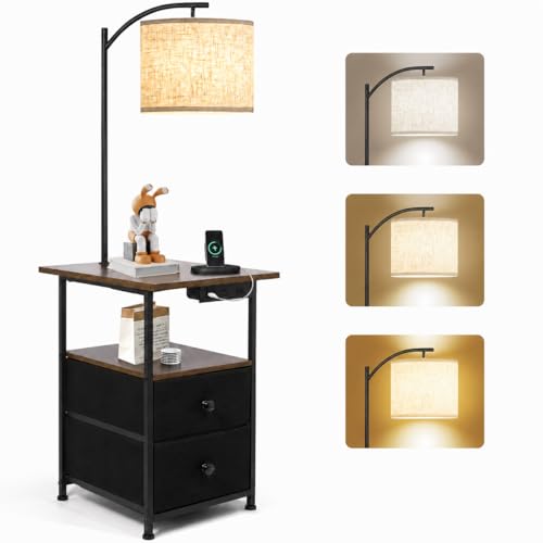 PESRAE Floor Lamp with Table & 2 Drawers, End Table with 3 Color Temperature Reading Light, Side Table Lamp with USB & Type C & AC Charging Port for Living Room, Bedroom - color: Rustic Brown