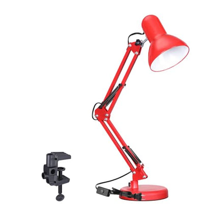 TORCHSTAR Metal Desk Lamp, Adjustable Swing Arm, E26, Red | Architect Gooseneck Multi-Joint Clip Table Lamp with Plastic Clamp, for Home Office, Work, Study, Reading, Bulbs not Included - color: Red