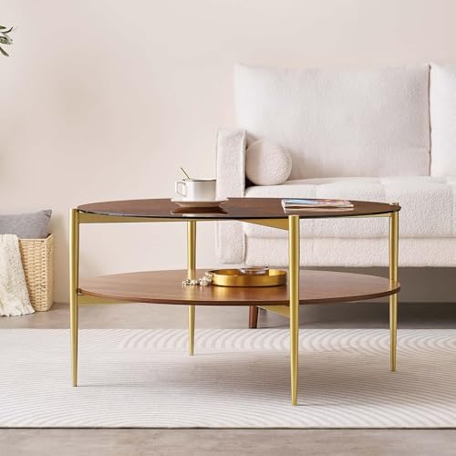 LumFurn Extra Large Round Coffee Table, Mid-Century Modern Design, D34 x H17 in, for Living Room, 2-Tier Structure, Amber Glass Top and Walnut MDF Shelf, Sleek Conical Metal Legs with Gold Finish - color: Amber & Walnut, size: D34" Round Coffee Table