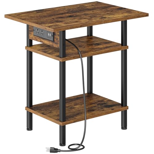 Asgolion Side Table with Charging Station, Skinny Nightstand with USB Ports and Outlets, 3 Tier Narrow End Table with Storage for Bedroom, Living Room, Office, Rustic Brown and Black - color: Rustic Brown, size: 22"H