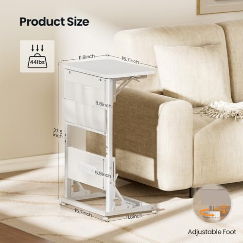 HLDIRECT C Shaped End Table with Charging Station & Storage Bag White | 2 USB & 2 Outlets, Storage Bag, FSC Wood, Foldable, 11.8"D x 15.7"W, for Small Spaces, Couch, Bedroom - color: White