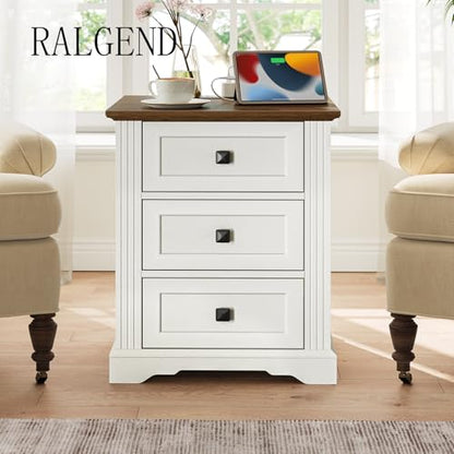 Night Stand with 3 Drawers, 18 Inch Wide End Table with Charging Station, Farmhouse Nightstand, Bedside End Tables Living Room, End Tables with Storage for Bedroom, White and Walnut - color: White and Walnut