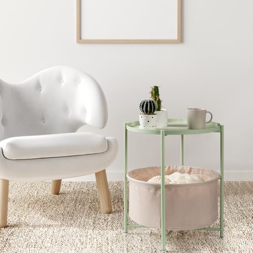 danpinera Round Side Table with Fabric Storage Basket, Small Coffee Table | Metal End Stand with Removable Serving Tray, Modern Nightstand for Small Space, Living Room, Bedroom, Nursery, Light Green - color: Light Green