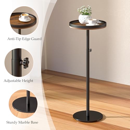 Height Adjustable Drink Table, Small Round Side Table, Martini Table with Weighted Base Pedestal for Small Spaces, Living Room, Bedroom, Couch - color: Rustic Brown + Black