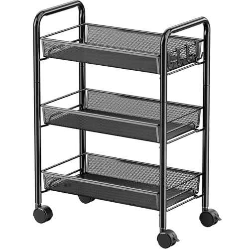 JANE EYRE 3-Tier Rolling Utility Storage Rack Cart on Wheels, Trolley Craft cart, Multi-Purpose Organizer Shelf, Black - color: Black, size: 3 Tier