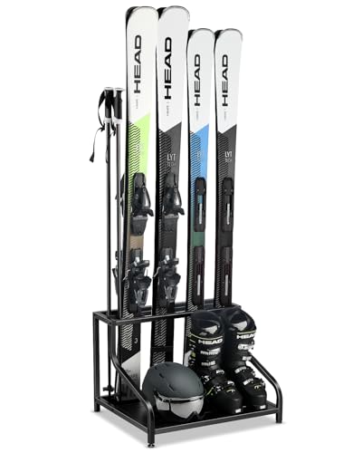 FHXZH Ski Storage Rack for Garage - Freestanding Ski Holders for 4 Pairs of Skis, Ski Boot, Ski Poles, Goggles, Helmet and More, Heavy Duty Steel Floor Stand Ski Organizer for Garage Basement