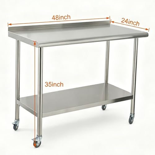 Garvee Stainless Steel Curved Edge Work Table 48 inch Double Layer with Backsplash & Casters, Heavy Duty Commercial Prep Table with Hook, 0.7mm Thick - size: 48*24*35 inch - with back panel + casters