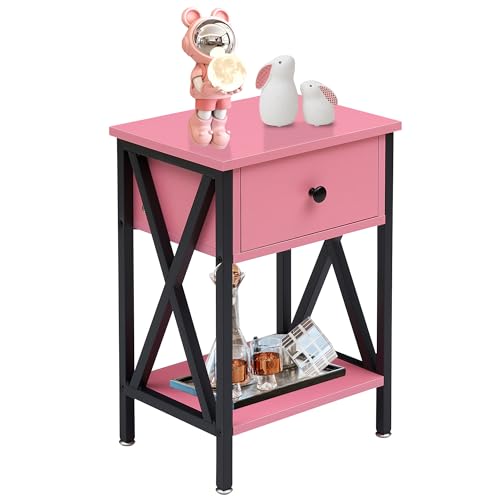 VECELO Nightstand,Modern Bedside End Table, Night Stand with Drawer and Storage Shelf for Living Room Bedroom, Industrial Metal Frame - color: Pink, size: Set of 1