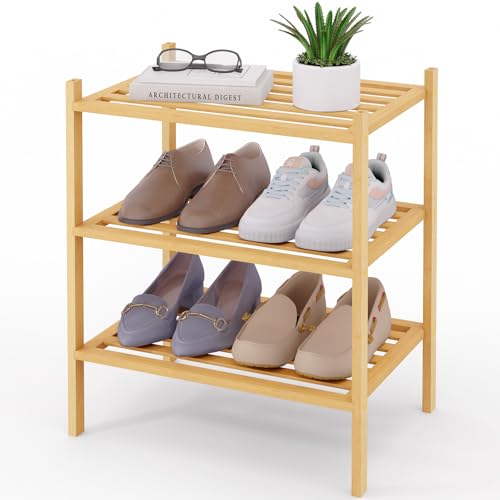 Smiry Small Bamboo Shoe Rack, 3 Tier Free Standing Wooden Shoe Organizer, Stackable Wood Shoe Storage Shelf for Closet, Entryway, 5 Horizontal Slats, 17.3"x11"x18.3", Natural - color: Natural, size: 3 Tier - 17.3" Wide