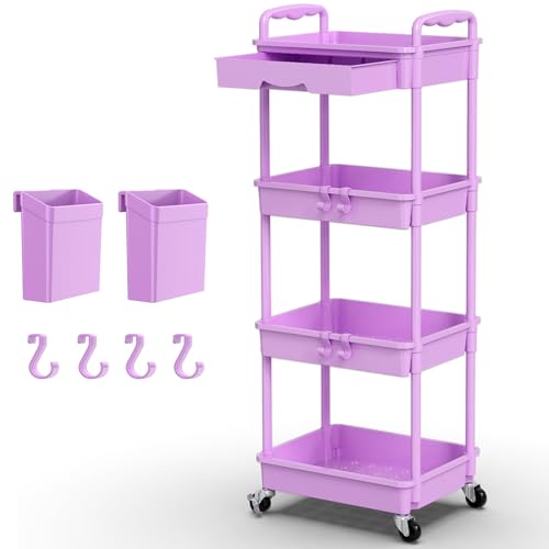 Goovilla 4 Tier Rolling Utility Cart Organizer with Removable Drawer, Stable and Sturdy Taro Rolling Storage Carts with 2 Lockable Wheels for Bathroom, Kitchen, Snack, Craft, Makeup,Baby Essentials