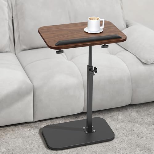 Side Table for Couch, Adjustable Height C Shaped End Table, Narrow Sofa Side Table for Living Room & Bedside, Brown Wooden Top with Black Metal Base