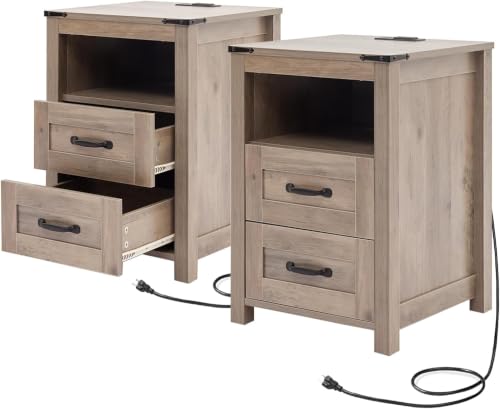 Farmhouse Night Stand Set of 2, Rustic Sierra Nightstand for Bedroom, End Tables with Charging Station, Bedside Table with Drawers, Wood Bedside Cabinet Dresser - color: Sierra, size: 2pcs with Charging