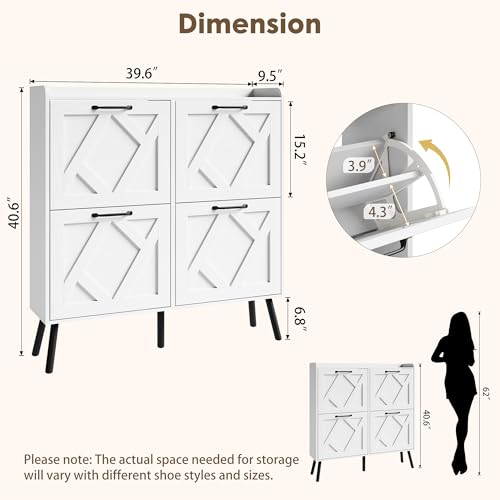 Shoe Cabinet with 4 Flip Drawers, Freestanding Shoe Organizer Cabinet with Metal Legs, Farmhouse Slim Shoe Rack Cabinet for Entryway, Foyer, Hallway, White - color: Pure White